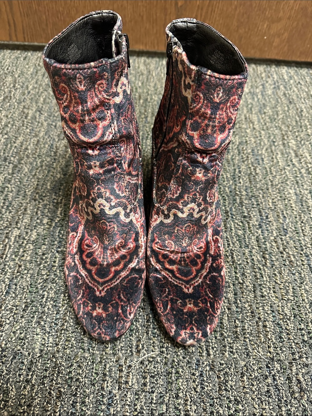 Lucky Brand Red and Black Paisley Velvet Ankle Boots